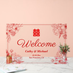 Chinese wedding red floral frame oriental welcome acrylic sign