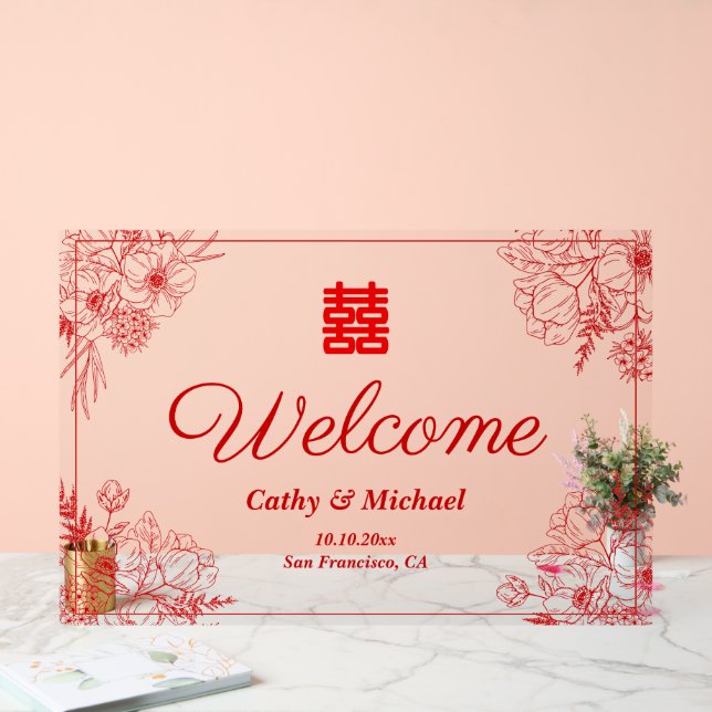 Chinese wedding red floral frame oriental welcome acrylic sign (Wedding)