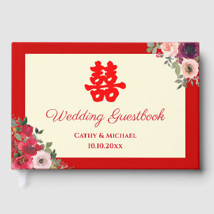 Chinese wedding red garden floral double happiness guest book