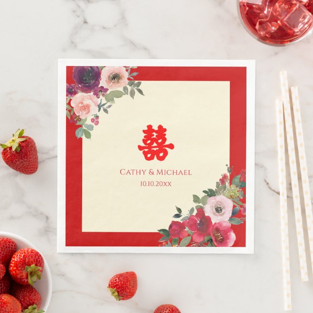 Chinese wedding red garden floral double happiness napkin (Insitu)