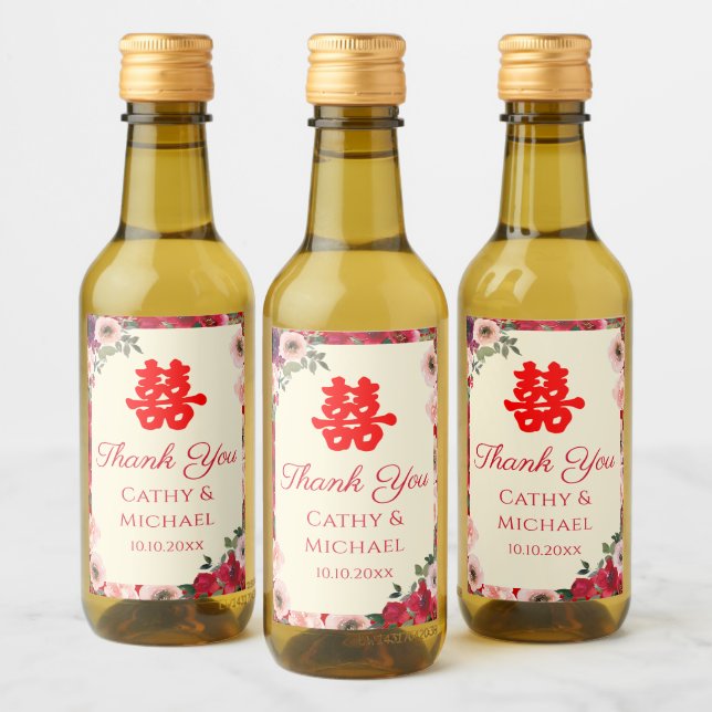 Chinese wedding red garden floral double happiness wine label (Bottles)