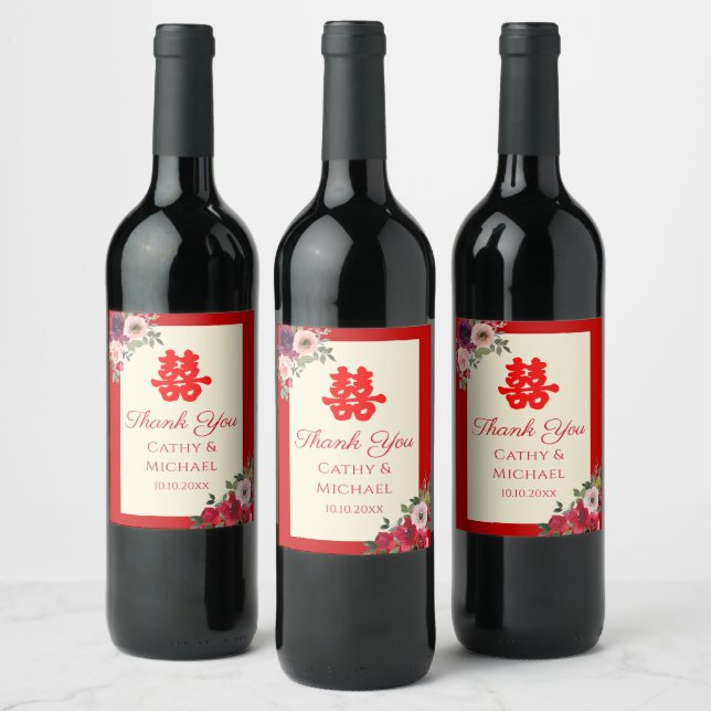 Chinese wedding red garden floral double happiness wine label (Bottles)