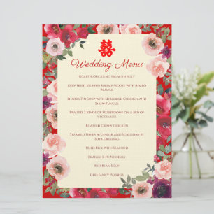Chinese wedding red purple floral garden menu