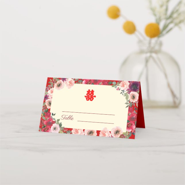Chinese wedding red purple floral garden place card (Front)