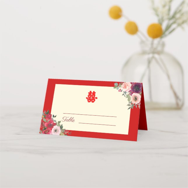 Chinese wedding red purple floral garden place card (Front)