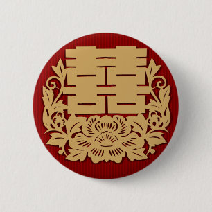 Chinese wedding with double happiness and flower 6 cm round badge