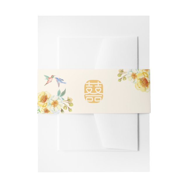 Chinese wedding yellow blue floral bird invitation belly band (Front Example)