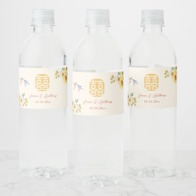 Chinese wedding yellow blue floral bird water bottle label (Bottles)