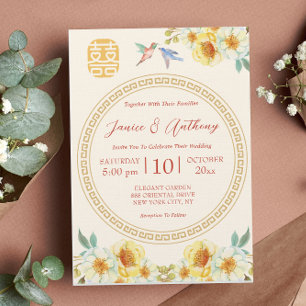 Chinese wedding yellow floral bird elegant invitation