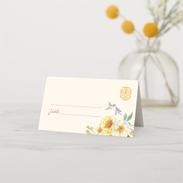 Chinese wedding yellow floral bird elegant  place card (Front)