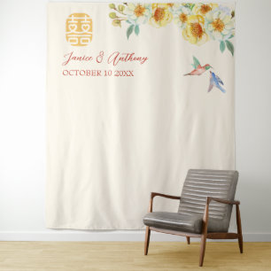 Chinese wedding yellow floral bird photo backdrop tapestry