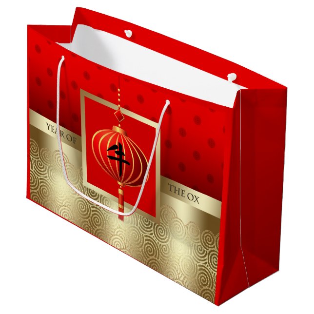 Chinese Year of the Ox Red | Gold Large Gift Bag (Front Angled)