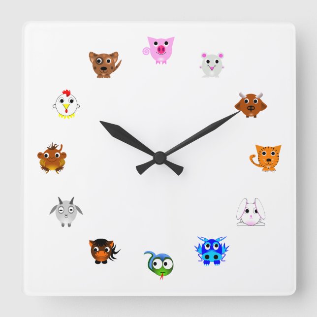 Chinese Zodiac Animals Square Wall Clock (Front)
