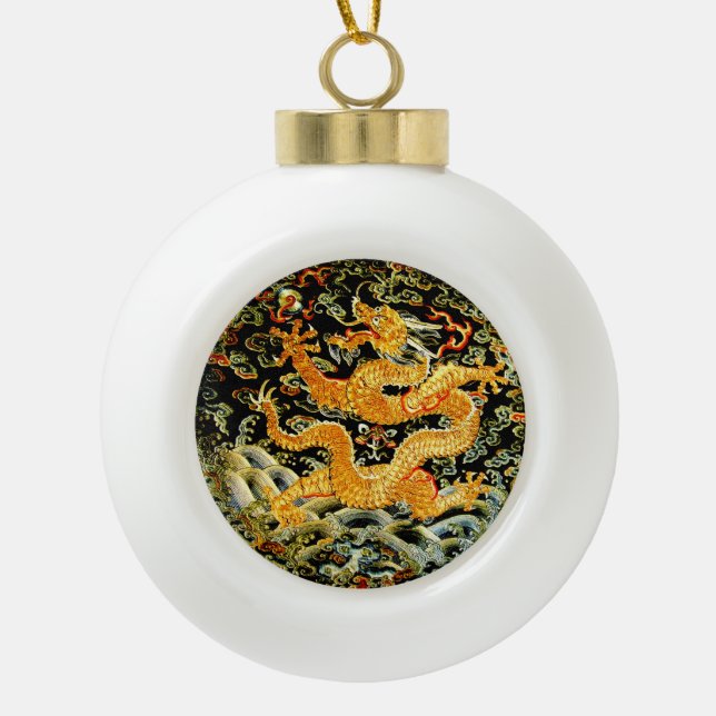 Chinese zodiac antique embroidered golden dragon ceramic ball christmas ornament (Front)