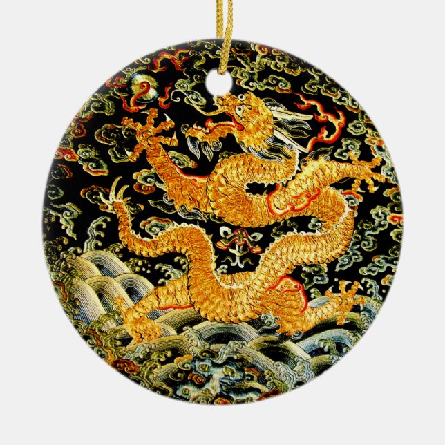 Chinese zodiac antique embroidered golden dragon ceramic tree decoration (Front)