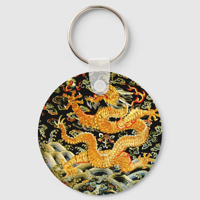 Chinese zodiac antique embroidered golden dragon key ring (Front)
