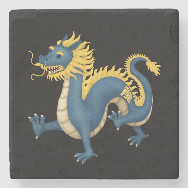 Chinese Zodiac Dragon Cute Astrology Sign Black Stone Coaster (Front)