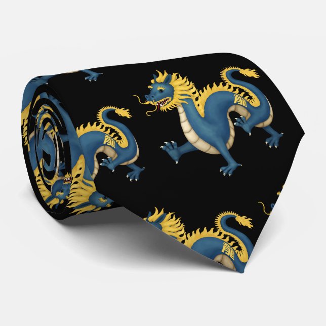 Chinese Zodiac Dragon Cute Astrology Sign Black Tie (Rolled)