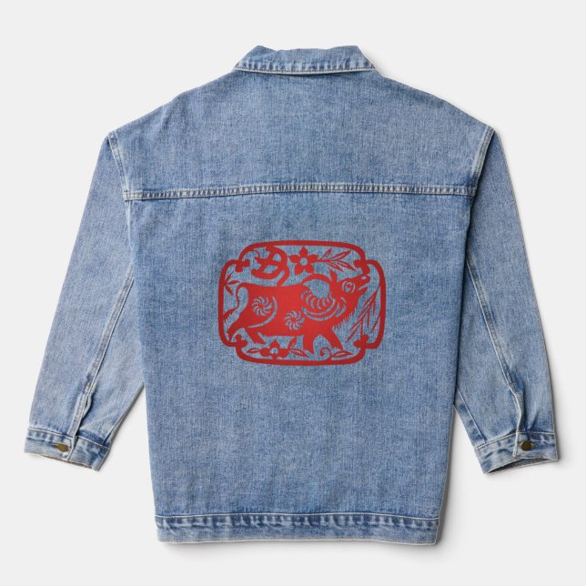 Chinese Zodiac Ox Paper Cutting Denim Jacket (Back)