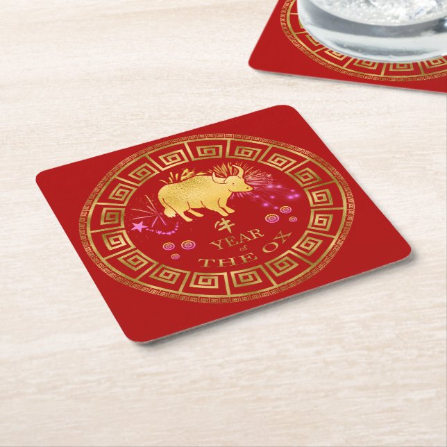 Chinese Zodiac Ox Red/Gold ID542 Square Paper Coaster (Angled)