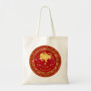 Chinese Zodiac Ox Red/Gold ID542 Tote Bag