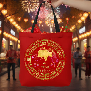 Chinese Zodiac Ox Red/Gold ID542 Tote Bag