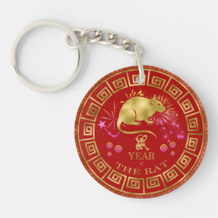 Chinese Zodiac Rat Red/Gold ID542 Key Ring