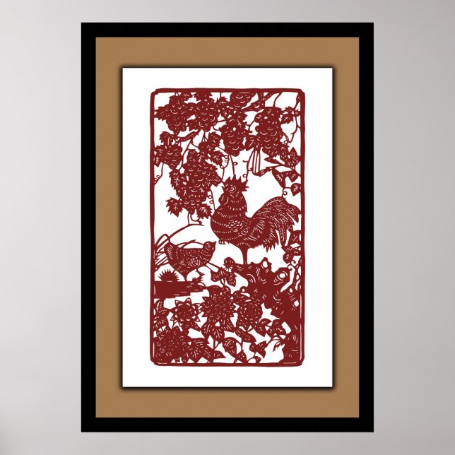 Chinese Zodiac Rooster Papercut Scene Poster (Front)
