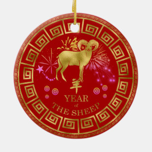 Chinese Zodiac Sheep Red/Gold ID542 Ceramic Tree Decoration