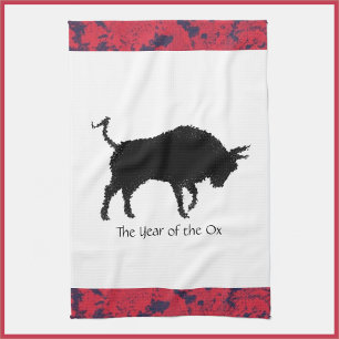 Chinese Zodiac Year of the Ox Black and Red Tea Towel