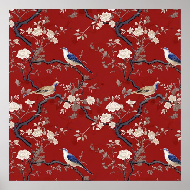 Chinesoire,vintage,antique,Songbird,Peony,Cherry  Poster (Front)