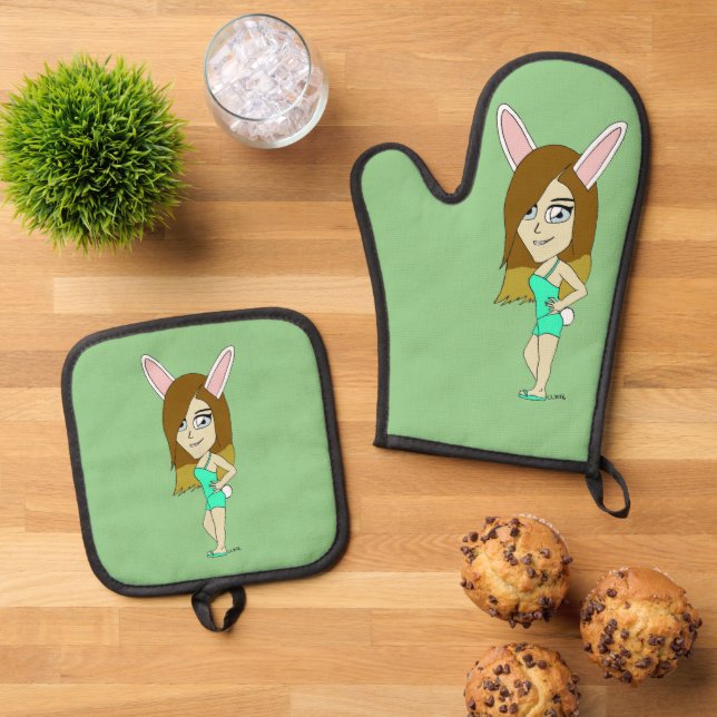Chini Bunny girl  Oven Mitt & Pot Holder Set (Top Down)