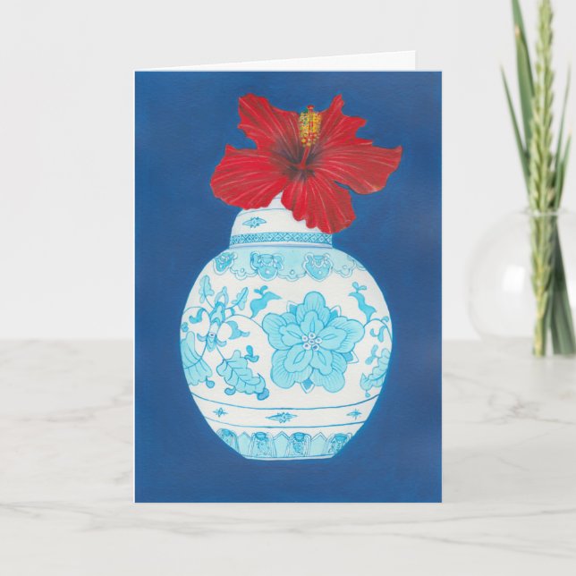 Chinoise ginger jar and red hibiscus flower card (Front)