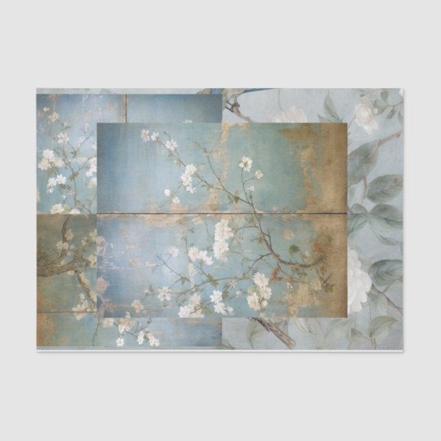 Chinoiserie Aged Blue Panel Collage Tissue Paper (Front)