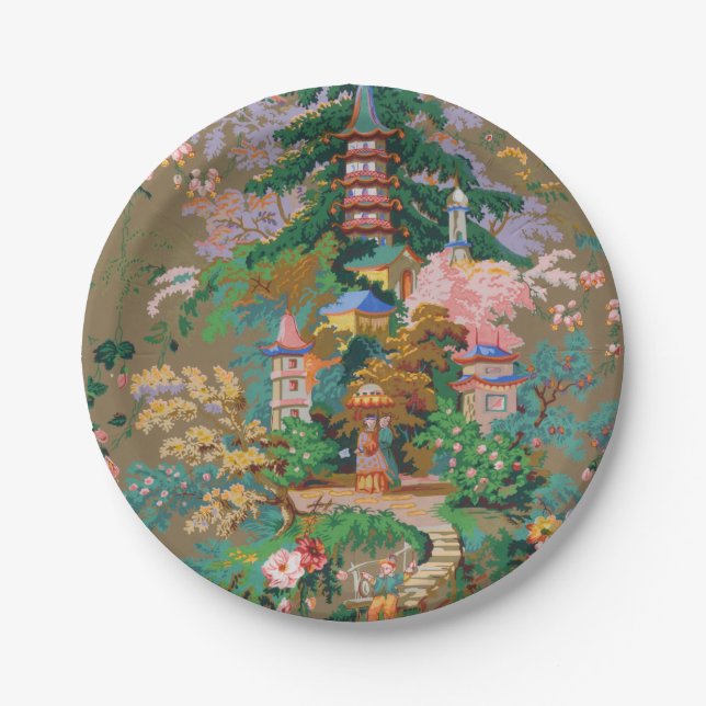 Chinoiserie Antique China Colourful Garden Temple Paper Plate (Front)