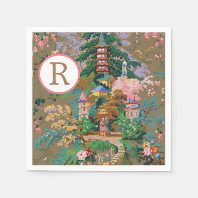 Chinoiserie Antique China Monogram Garden Temple Napkin (Front)