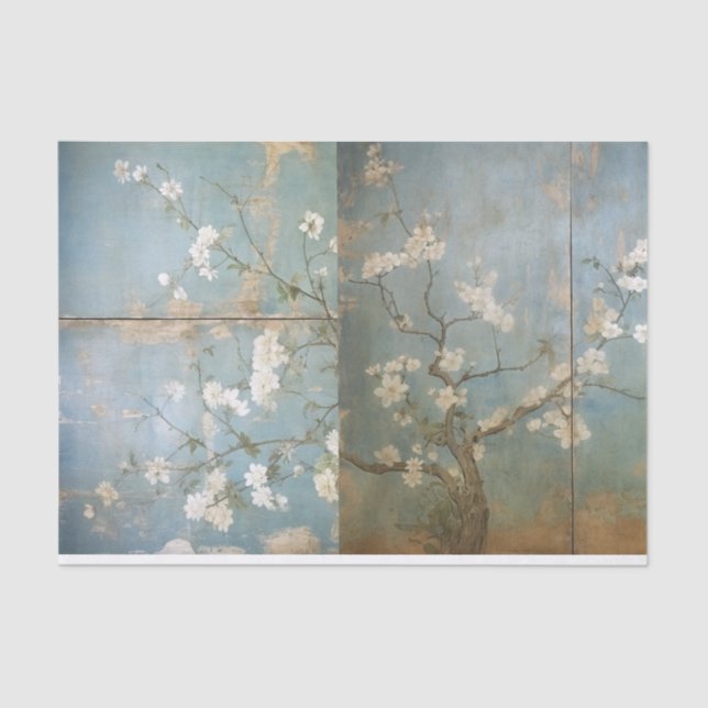 Chinoiserie Antiqued Blue Panels & Cherry Trees Tissue Paper (Front)