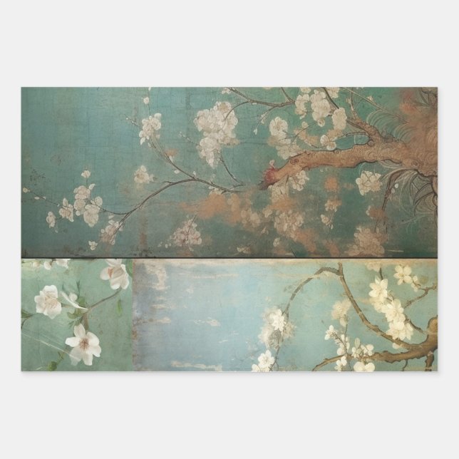 Chinoiserie Antiqued Green & Apple Blossoms 1 Wrapping Paper Sheet (Front)