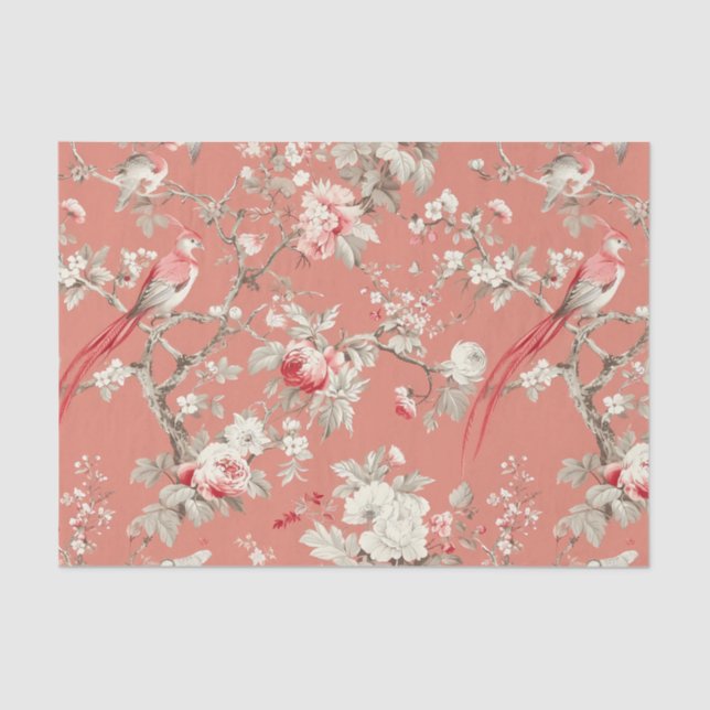 Chinoiserie Asian Bird Floral WhitePink Decoupage  Tissue Paper (Front)
