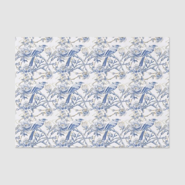 Chinoiserie Asian Bird White Blue Floral Decoupage Tissue Paper (Front)