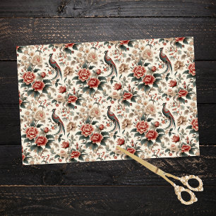 Chinoiserie Asian Bird White Red Floral Decoupage Tissue Paper