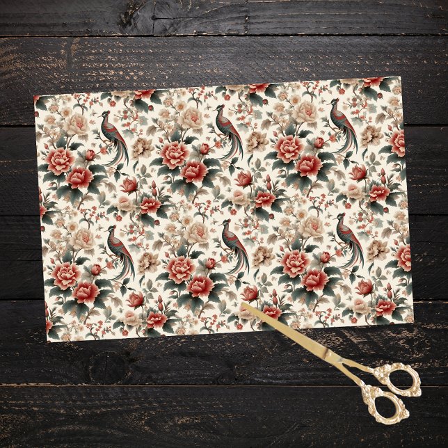 Chinoiserie Asian Bird White Red Floral Decoupage Tissue Paper (Creator Uploaded)