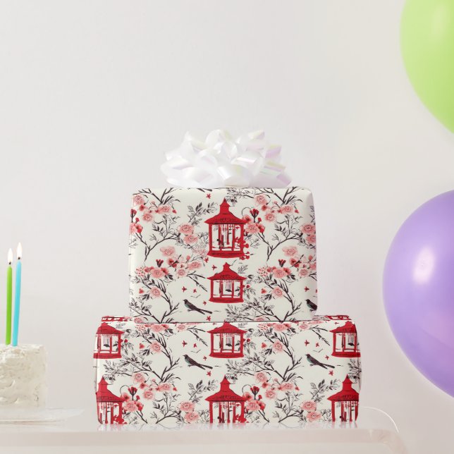 Chinoiserie Asian Floral Painting Red Decoupage Wrapping Paper (Party Gifts)