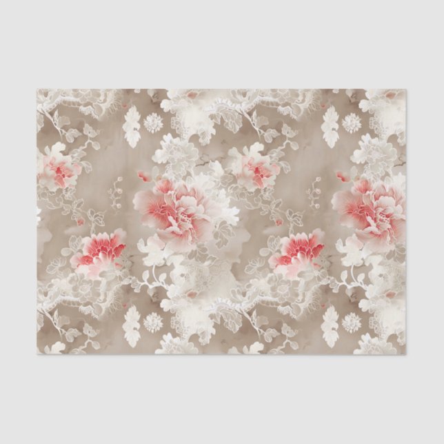 Chinoiserie Asian Floral White Pink Decoupage Tissue Paper (Front)