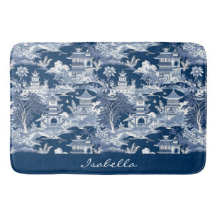 Chinoiserie Asian Landscape Painting Blue White Bath Mat