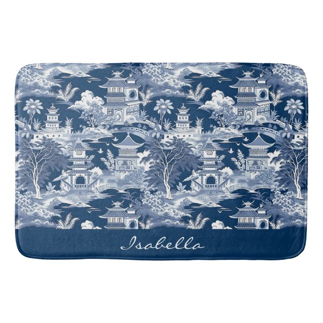 Chinoiserie Asian Landscape Painting Blue White Bath Mat (Front)