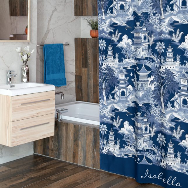 Chinoiserie Asian Landscape Painting Blue White Shower Curtain (Creator Uploaded)