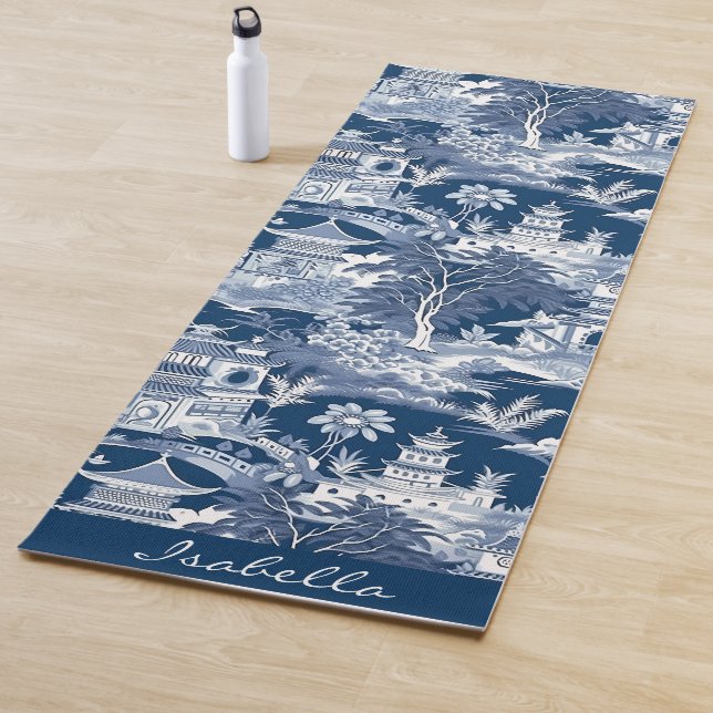 Chinoiserie Asian Landscape Painting Blue White Yoga Mat (In Situ)