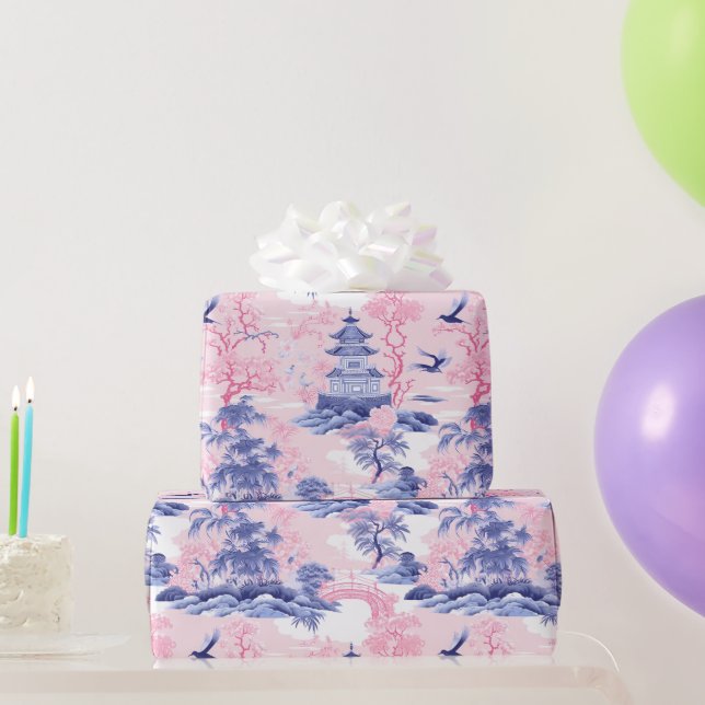 Chinoiserie Asian Landscape Pink Blue Wrapping Paper (Party Gifts)