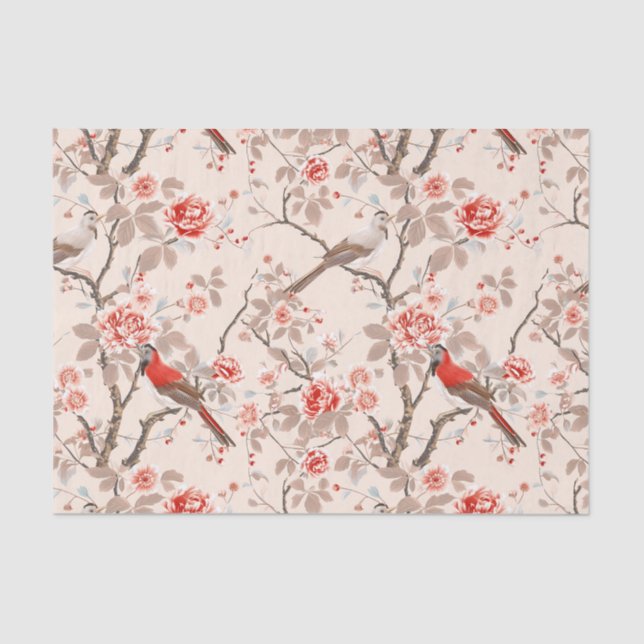 Chinoiserie Asian Red Birds Pink Flower Decoupage Tissue Paper (Front)